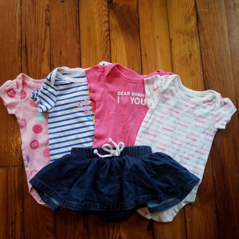 Cat & Jack Bundle Baby Girl's Bodysuits‎ Onesies Denim Skirt 0-3 Months